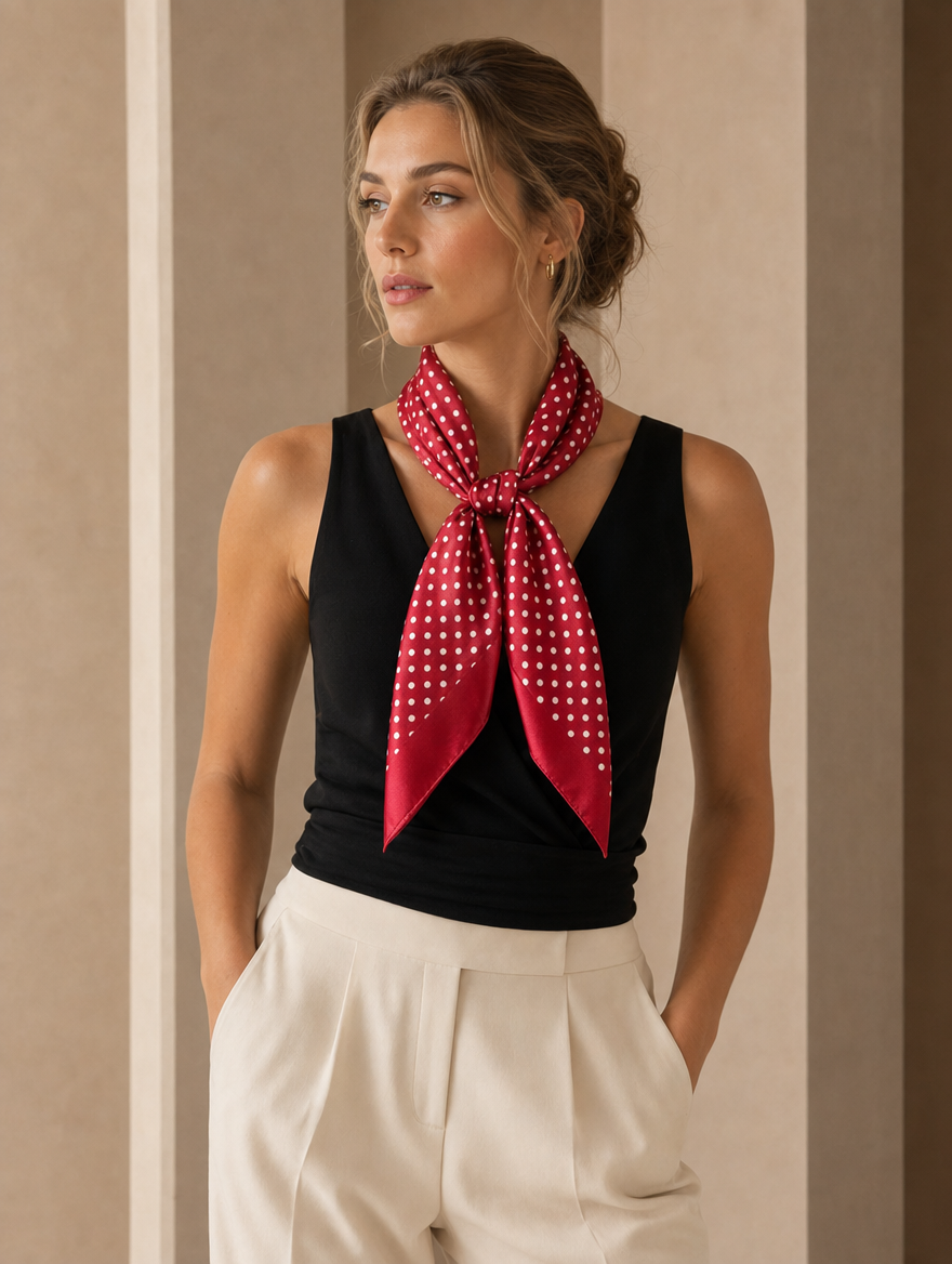 Pañuelo Rojo con Lunares Blancos, llevado al cuello con estilo elegante y acabado cuidado