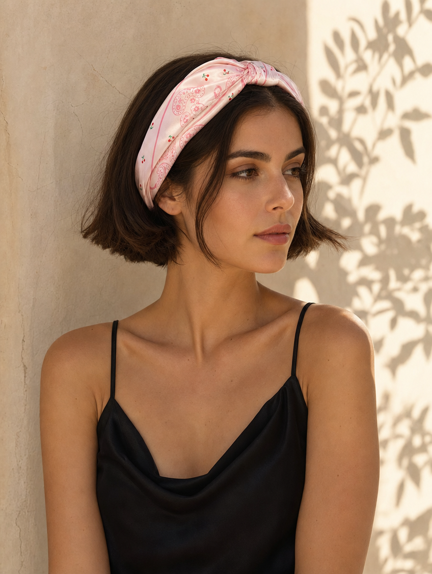 Pañuelo Rosa con Cerezas y Paisley, usado en el cabello con aire mediterráneo y acabado cuidado