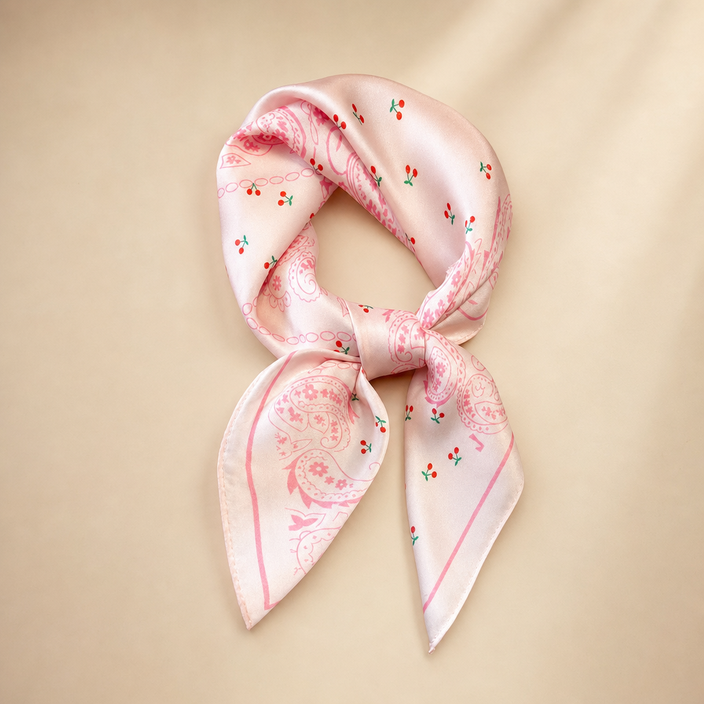 Pañuelo Rosa con Cerezas y Paisley, presentado con luz suave y estilo cuidado con estilo natural y refinado