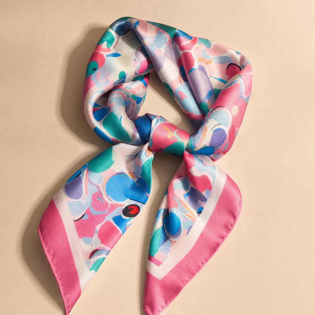 Pañuelo Rosa con Estampado Floral Abstracto, presentado con luz suave y estilo cuidado