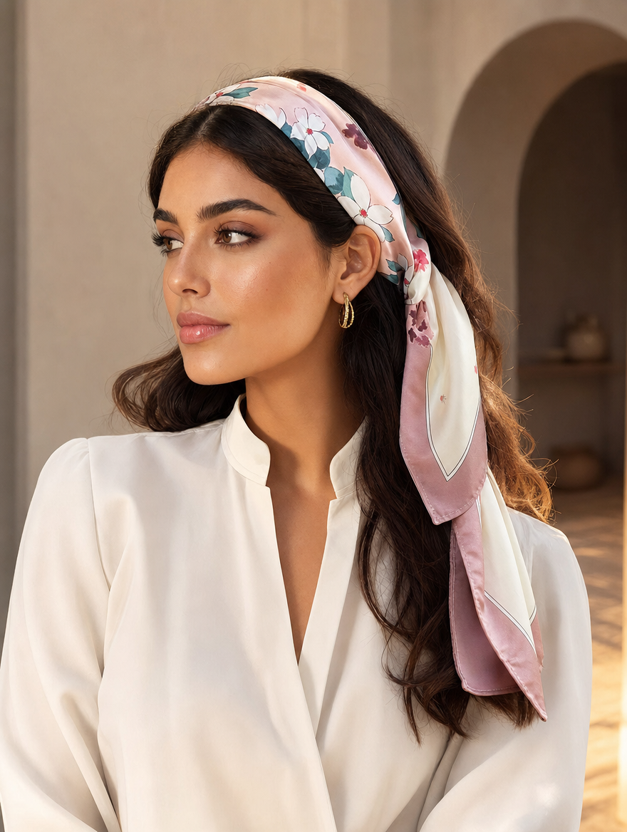 Pañuelo Rosa con Flores Románticas, usado en el cabello con aire mediterráneo y acabado cuidado