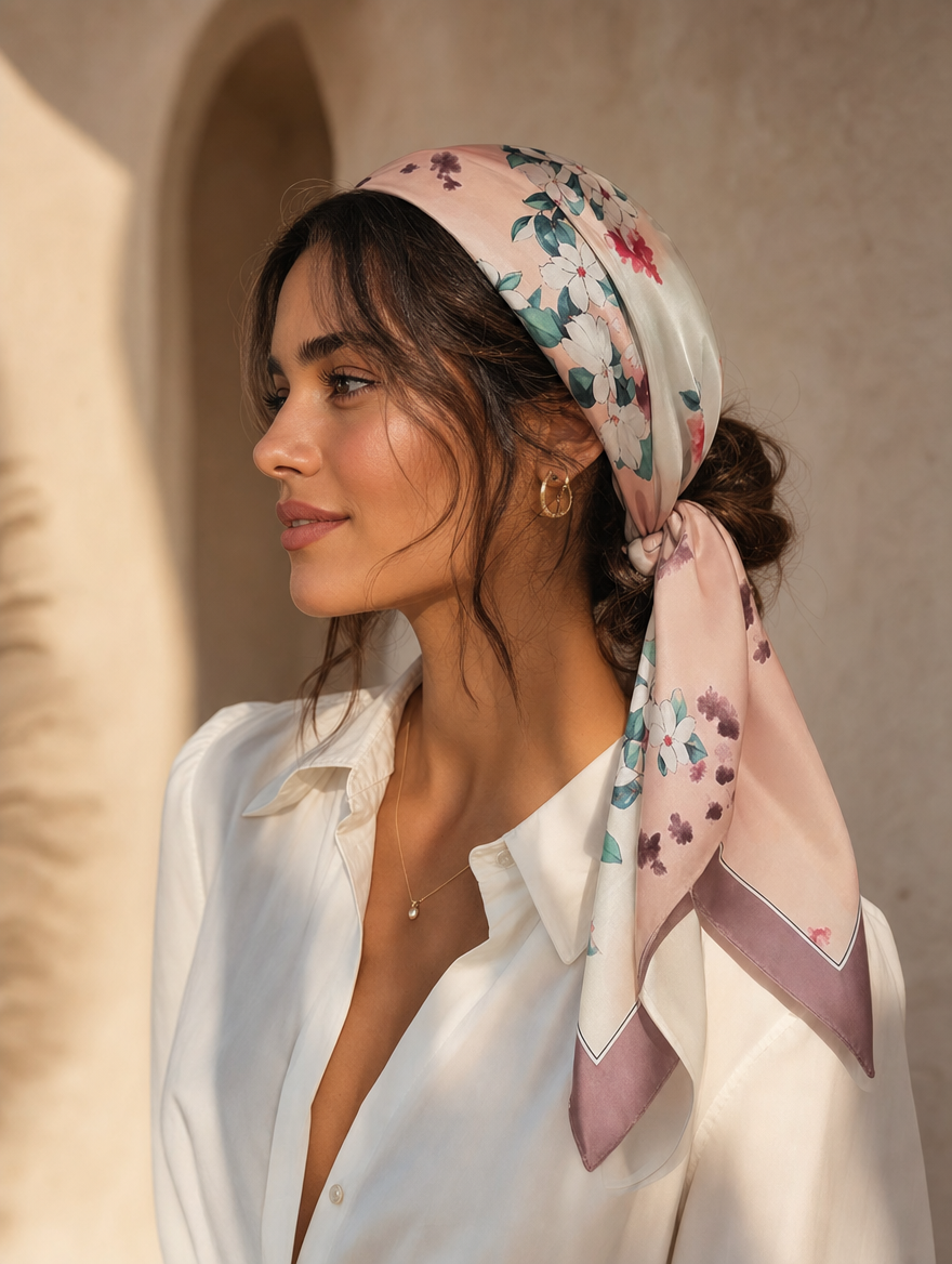 Pañuelo Rosa con Flores Románticas, llevado en la cabeza con estilo sofisticado y natural con acabado cuidado
