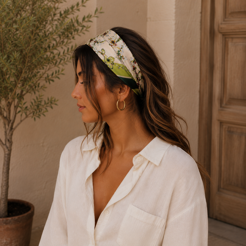 Pañuelo de seda con estampado floral verde llevado como banda para el cabello.