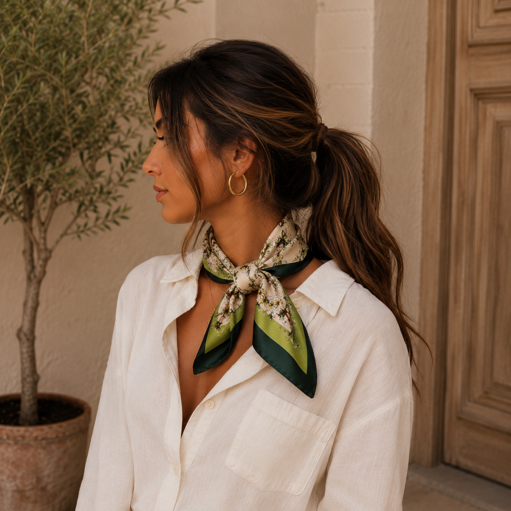 Pañuelo cuadrado de seda con estampado floral anudado alrededor del cuello.