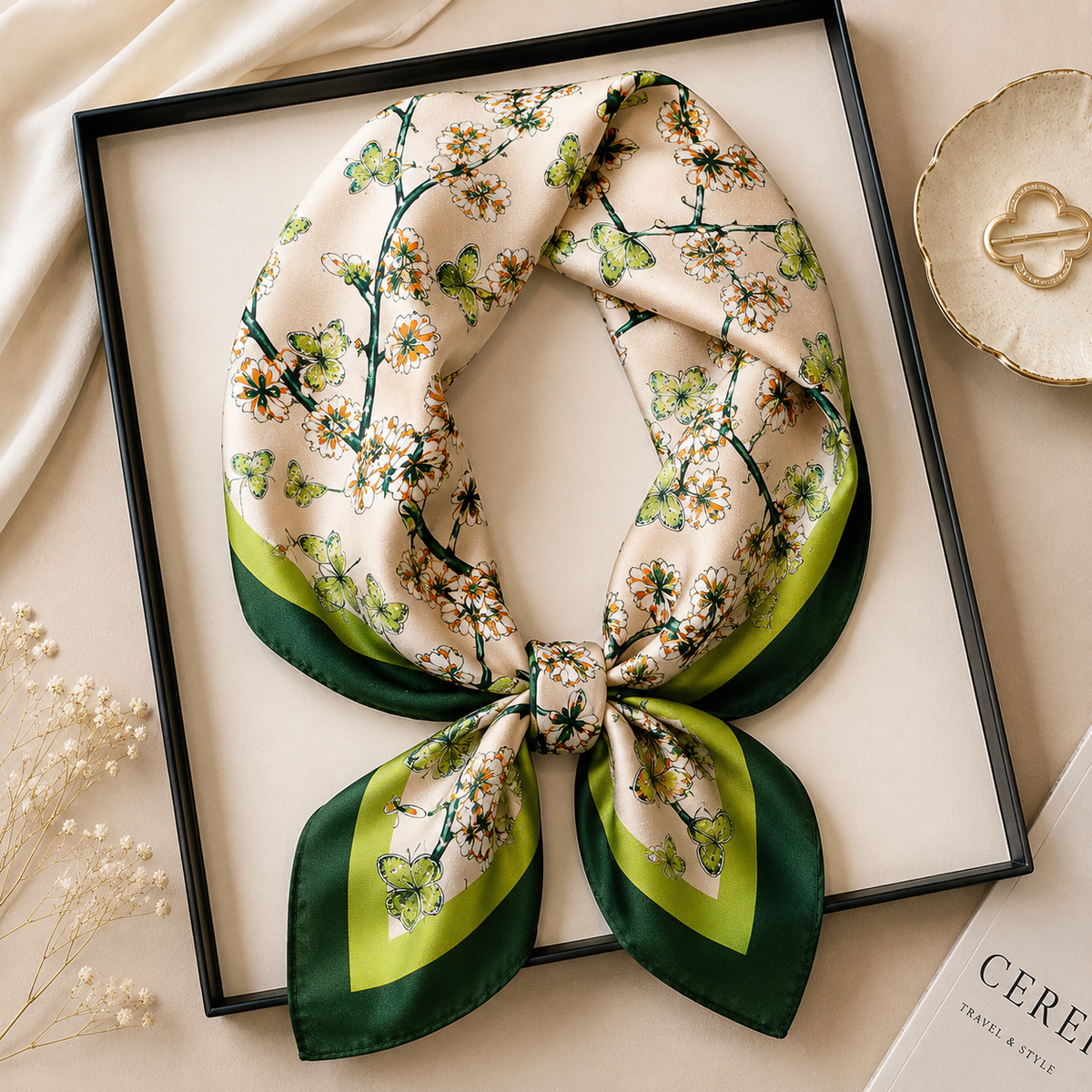 Pañuelo cuadrado de seda con estampado floral en tonos verdes, presentado anudado para resaltar su caída y brillo.