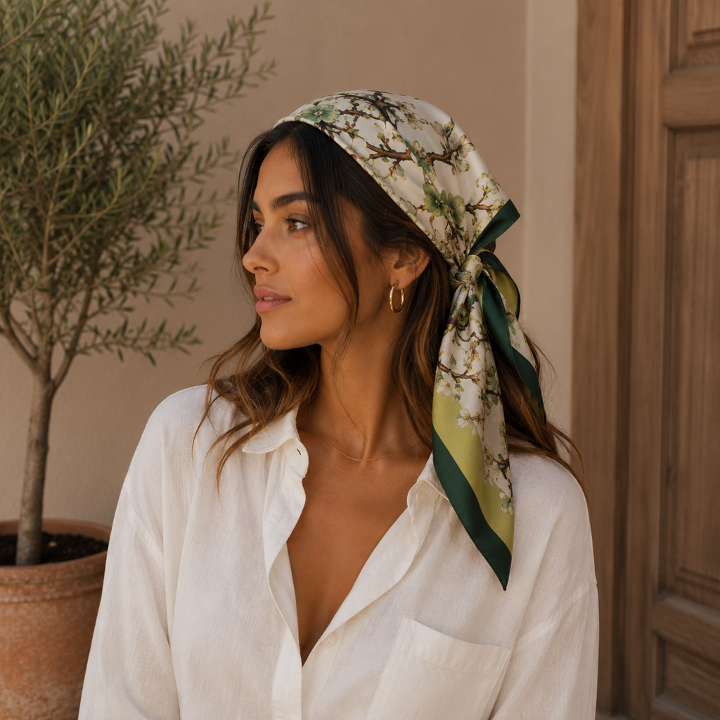 Mujer con pañuelo cuadrado de seda con estampado floral en tonos verdes y marfil, anudado en la cabeza, vista de perfil.