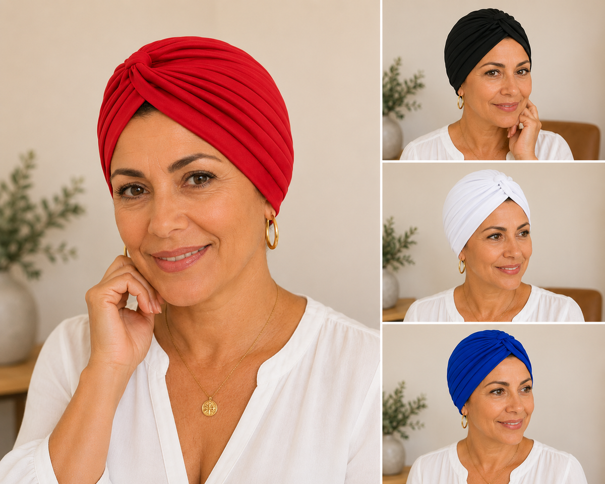 Pañuelo set de 4 Gorros Turbante Básicos, llevado para un look cuidado y elegante