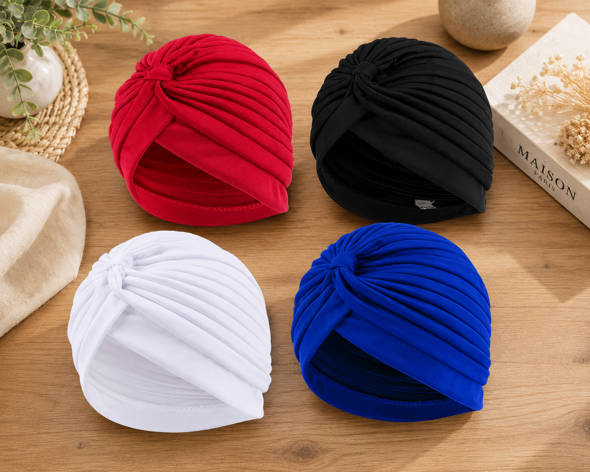 Pañuelo set de 4 Gorros Turbante Básicos, presentado con luz suave y estilo cuidado
