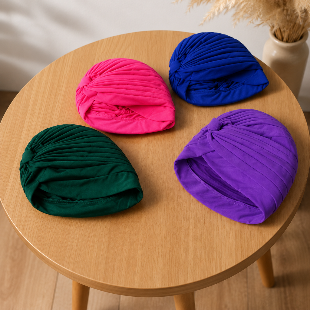 Pañuelo set de Gorros Turbante Coloridos, presentado con luz suave y estilo cuidado